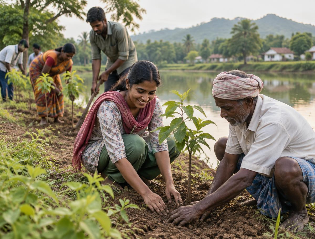 A community gathering beside a village water body
